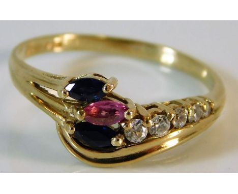 A 9ct gold ring with sapphire, ruby &amp; diamond 4g size N/O