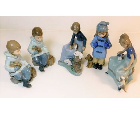 Five Lladro Nao porcelain figures, one with repair to head (boy with rabbit) tallest 8in