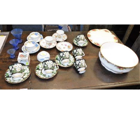 A Royal Albert Country Roses bowl with cake plate twinned with Royal Albert cups &amp; saucers, Dresden wares &amp; a graduat