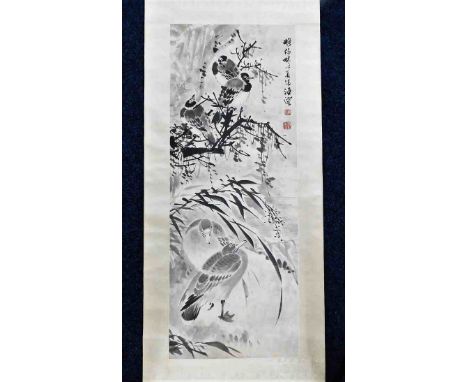 A c.1900 Chinese watercolour scroll with bird decor, signed 83in long, images size 38in x 14.25in