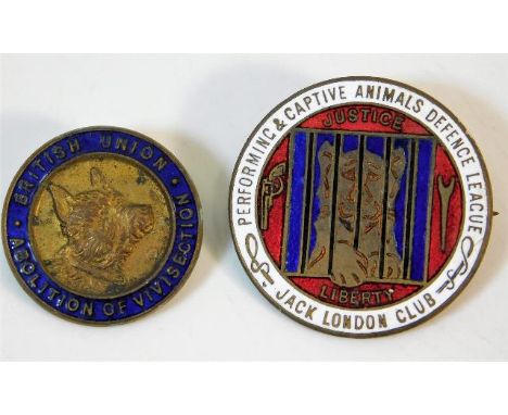 Vintage badges "Performing &amp; Captive Animals Defence League Jack London Club" enamelled badge twinned with British Union 