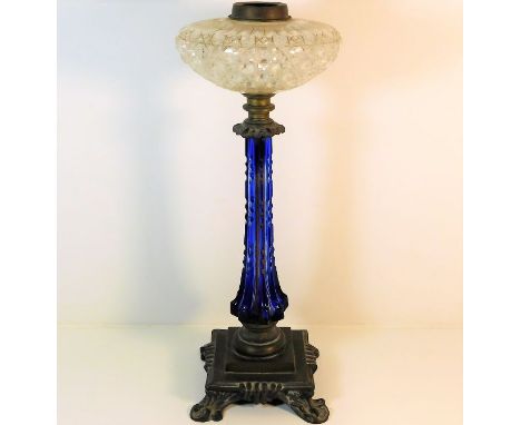 A 19thC. continental Bohemian glass oil lamp base with cut glass bowl (drilled) 19.25in high