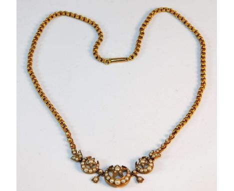 An antique yellow metal necklace set with pearl 12.7g