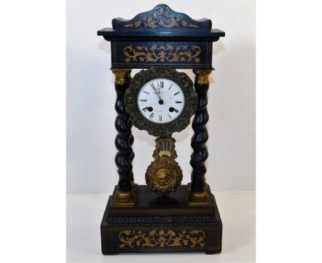 An inlaid French portico clock with twist pillars, fault with pendulum connection &amp; some old worm to case 17.75in x 8.75i