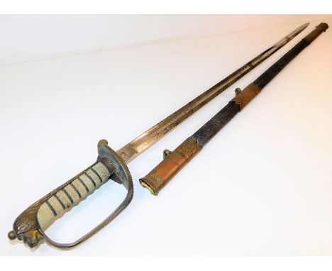 A naval officers dress sword &amp; brass fitted scabbard with shagreen handle 37in long