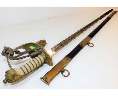 A naval officers dress sword &amp; brass fitted scabbard with shagreen handle and belt 37.5in long 