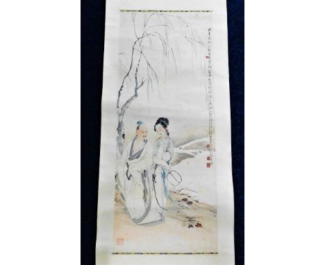 A c.1900 Chinese watercolour scroll with figurative decor, signed 91in long, images size 40in x 16in
