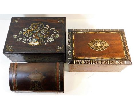 Two mother of pearl inlaid boxes &amp; one other