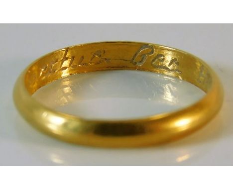 A c.1720 yellow metal posy ring with inscription "Lett Vertue Bee Yor Guid" (Let Virtue Be Your Guide) 2.3g size O/P