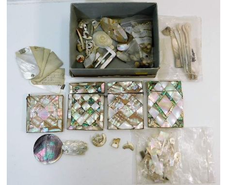 Three Victorian mother of pearl card cases a/f twinned with a ladies mother of pearl &amp; ivory dance card &amp; a quantity 