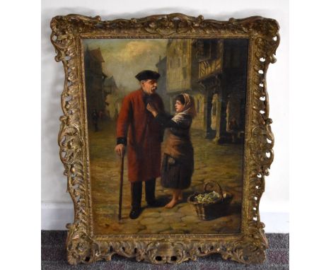 J W S; oil on canvas, street scene with young girl and Chelsea Pensioner, signed with monogram lower right, 55 x 40cm, framed