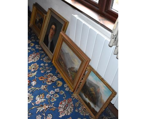 Four decorative Victorian and Edwardian oil paintings, comprising three landscapes and a portrait, the largest 45 x 35cm, all