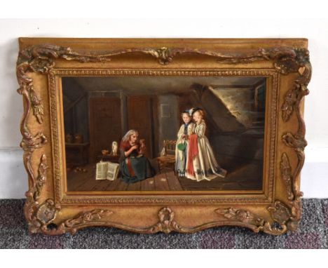 19TH CENTURY ENGLISH SCHOOL; oil on card, interior scene with two young ladies beside a further seated female figure with egg
