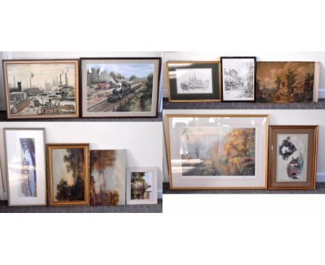 A quantity of decorative pictures and prints, including railway scene, decorative oil, black and white street scene, David Sh