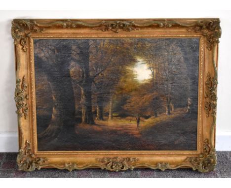 ALFRED FONTVILLE DE BREANSKI (1877-1955); oil on canvas, a huntsman in a woodland landscape with his hound, signed lower left
