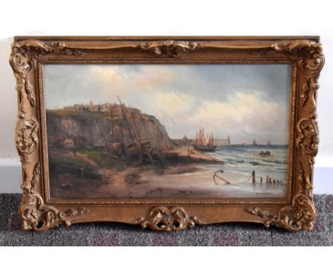 STEPHEN ARTHUR GALTON (1829-1904); oil on canvas, coastal landscape with figures and boats in the foreground, signed and date