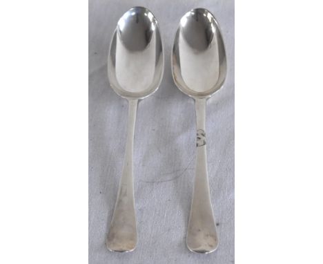 JAMES WILKS; a pair of George III hallmarked silver serving spoons, London 1784 and 1786, length 20.5cm, approx 3.9ozt/123.5g