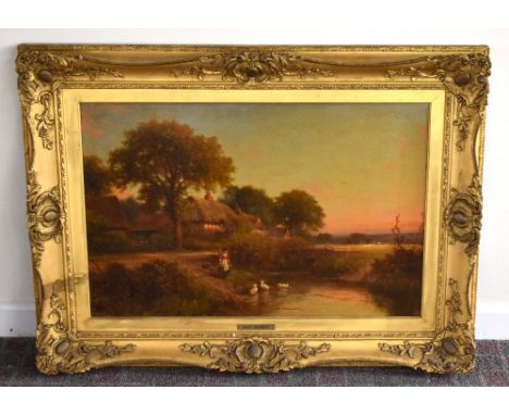HENRY MAIDMENT (FL.1885-1914); oil on relined canvas, rural landscape with figure and dog before a duck pond with thatched co