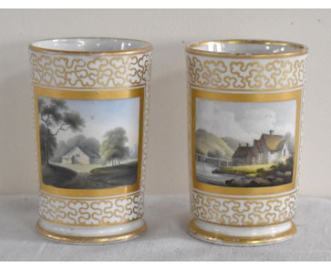 CHAMBERLAINS WORCESTER; a pair of spill vases, each painted with a vignette panel within a gilt border, both signed to base, 