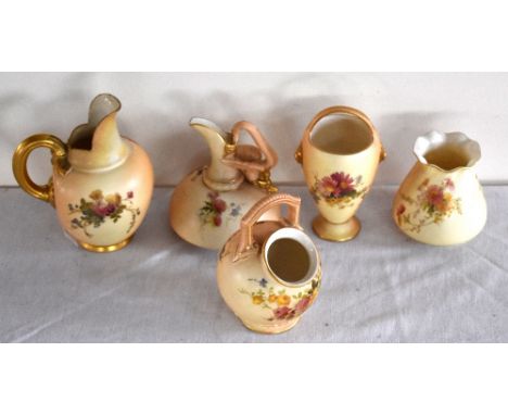 ROYAL WORCESTER; five assorted blush ivory pieces comprising a dragon handle ewer, shape 1048, two small vases, ovoid salt ce