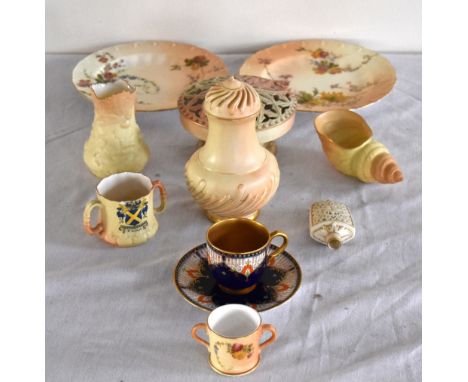 ROYAL WORCESTER; a group of blush ivory ware including two side plates, sugar caster with gilt plug, number 1306, shell ornam