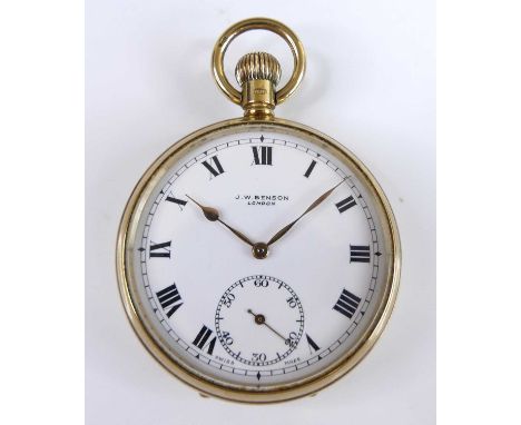JW Benson of London - gent's 9ct gold cased open face pocket watch having a signed white enamel Roman dial, subsidiary second