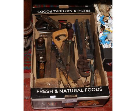 A box of hand tools, Stanley wood plane, Tenon saw hammer and mallet, various chisels / spanners etc. 