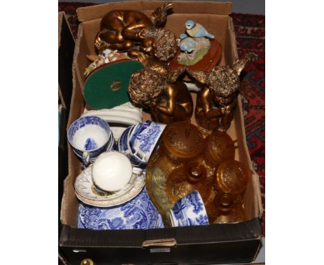 A box of miscellaneous to included Copeland Spode Italian tea set, The Leonardo collection nature studies figures, glass dres