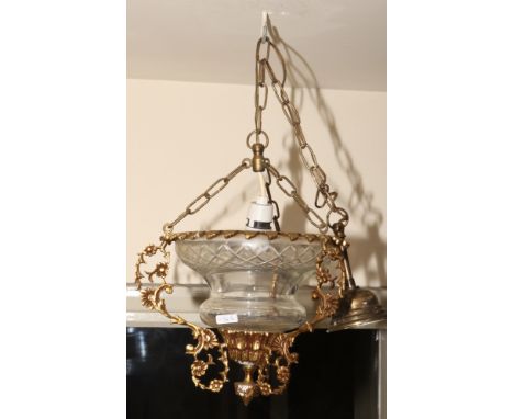 A floral design brass and cut glass hall lantern. 