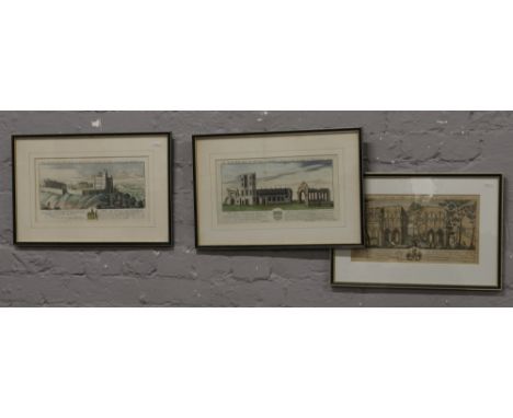 Three C18th framed coloured engravings, Roche Abbey, Bolsover Castle and The South West View of Worksop or Radford Abbey. 