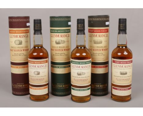 Three full and sealed 70cl bottles of Glenmorangie single Highland malt Scotch Whisky; Madeira, Port and Sherry Wood finishes