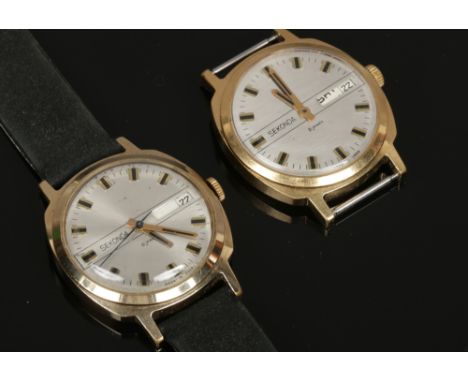 Two gents Sekonda 21 jewels manual wristwatch heads, made in USSR day / date displays. 