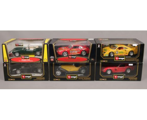 Six boxed Burago model sport and rally cars scale 1/18 Alfa Romeo 2300 Spider, Ferrari Testarossa 1984 Porsche 911 and Ferrar