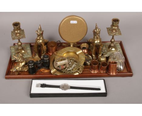 An inlaid tray and contents of metalwares and collectables to include white metal purse, candlesticks, Rotary wristwatch etc.