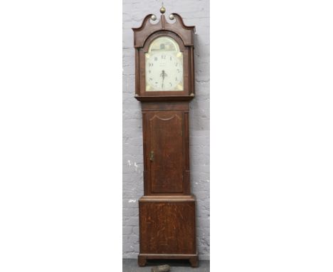 A John Manby of Skipton Georgian oak longcase clock, swan neck pediment, date calendar 30 hour single weight movement, chimin