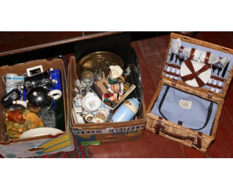 Two boxes of miscellaneous to include Caverswall, metalwares, picnic hamper, Casio portable T.V. 