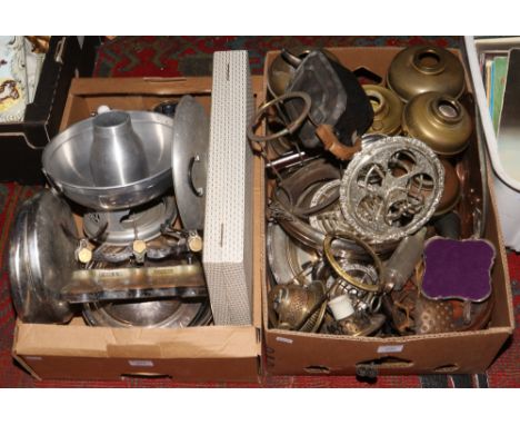 Two boxes of metalwares to include oil lamp bases, silver plate, cutlery etc. 