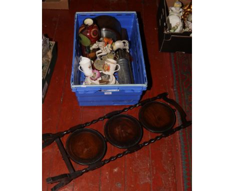 A box of miscellaneous to include barleytwist cake stand, Enfield mantle clock, commemorative ware etc. 