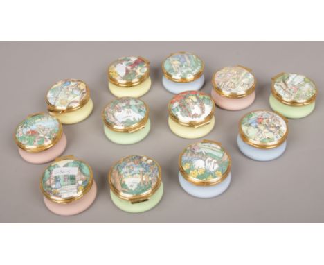 Twelve English enamel trinket boxes The Poetry of Love by Franklin Mint. 