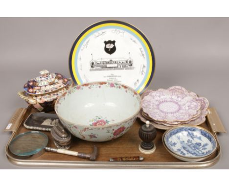 A tray of mostly ceramics to include repaired Royal Crown Derby sucrier, Chinese hand painted bowl, Wileman &amp; Co. Foley C