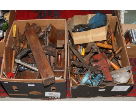 Two boxes of tools to include wood planes, clamps, saws etc. 