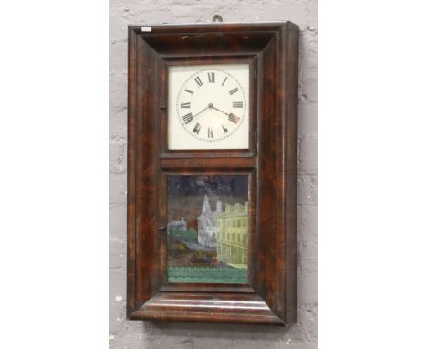 An American Jerome &amp; Co drop dial wall clock with panel depicting Independence hall. 
