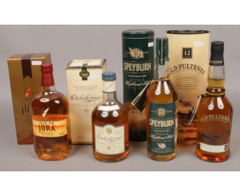 Four full and sealed bottles of single malt Scotch Whisky to include Dalwhinnie, Isle of Jura, Old Pulteney and Speyburn. 