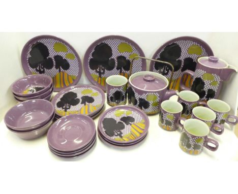 A collection of 1970?s Denby Pottery Trees pattern breakfast ware designed by Diana Woodcock-Beckering including a coffee pot