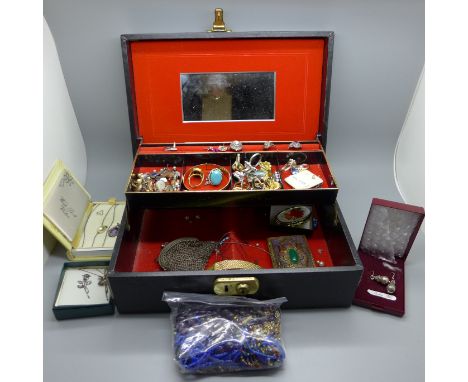 A jewellery box and vintage costume jewellery including silver 