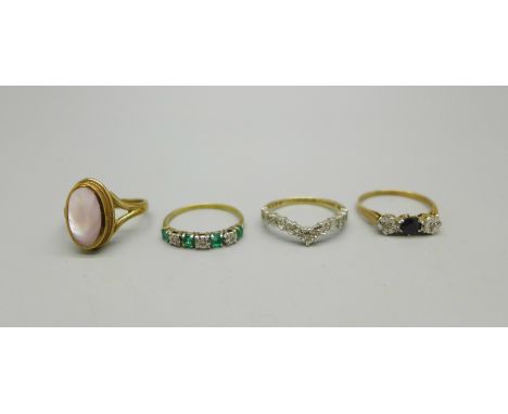 Four gold rings, a 9ct gold and mother of pearl ring, 5.3g, Q, a 9ct gold diamond chip and sapphire ring, 2.1g, Q, a 9ct gold