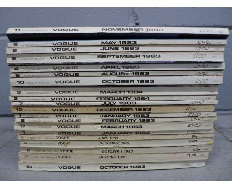 Twenty vintage Vogue magazines from 1983 and eight from the early 1980's 