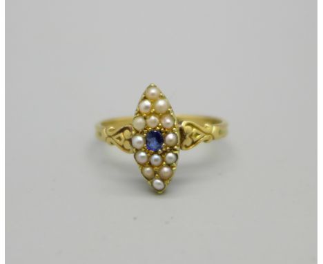 A vintage 18ct gold, pearl and sapphire ring, 2.4g, Q 