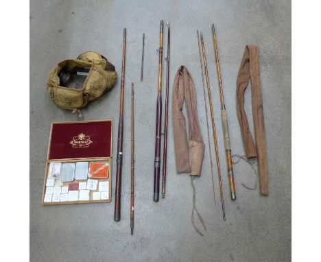 Vintage fishing rods, wooden and metal, reels, flies, bag, etc., one rod a/f