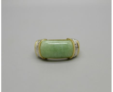 A 9ct gold and jade ring with diamond accents, 3.2g, M 